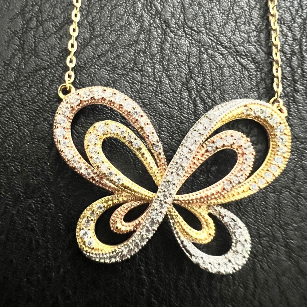 RL 925‎ Sterling Silver Tri-Tone CZ Butterfly Necklace 1.25" Fairycore Y2K